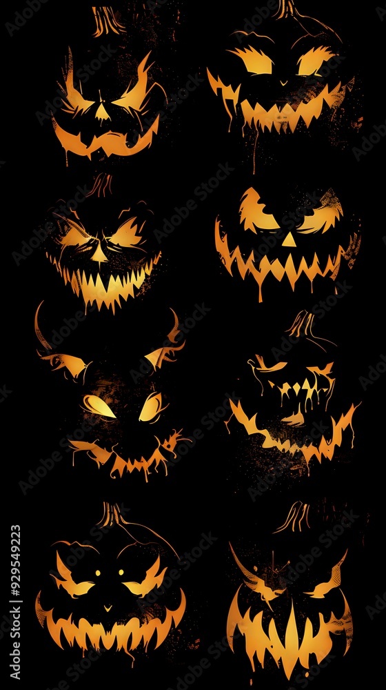 Glowing Jack-o'-lantern faces on a dark background Glowing Jack-o'-lantern faces on a dark background