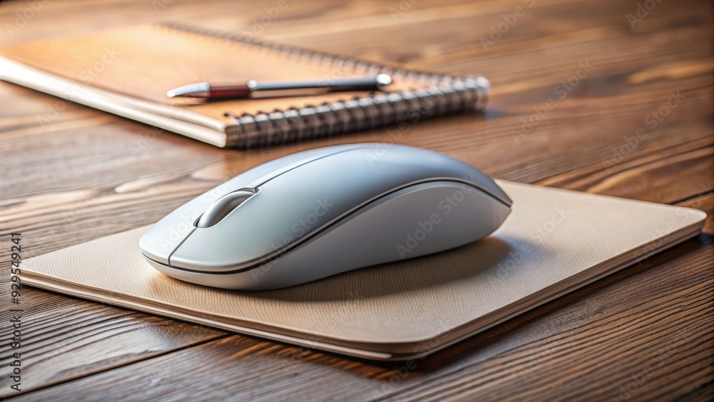 A sleek, modern computer mouse sits isolated on a tidy, wooden table, surrounded by a few scattered papers and a faintly visible notebook edge. A sleek, modern computer mouse sits isolated on a tidy, wooden table, surrounded by a few scattered papers and a faintly visible notebook edge.