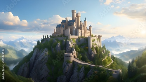 A majestic castle, perched atop a mountain, surrounded by lush forests and rolling hills, brought to life in a grand and majestic rendering. photo