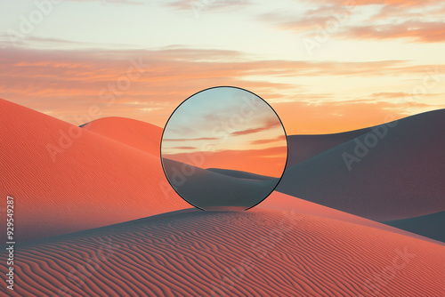 A desert landscape with a large circular mirror in the middle photo