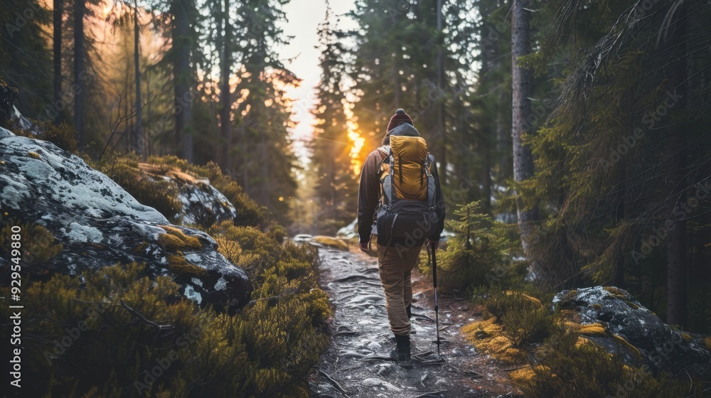 Fototapeta premium Evening Hike: Head to a nearby trail for an evening hike. Use flashlights or headlamps to safely navigate and appreciate the calm, dark beauty of nature. 