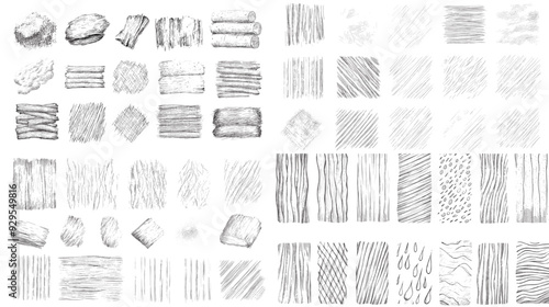 A collection of drawings of wood grain textures. The drawings are all in black and white and vary in size and style. The mood of the images is somewhat somber and contemplative