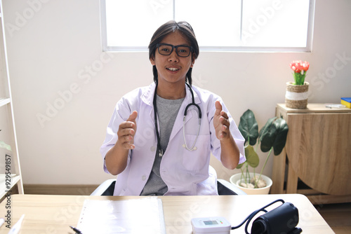 Professional Doctor Man Wear White Coat And Stethoscope Explaining To Patient. Doctor Consultant Concept photo