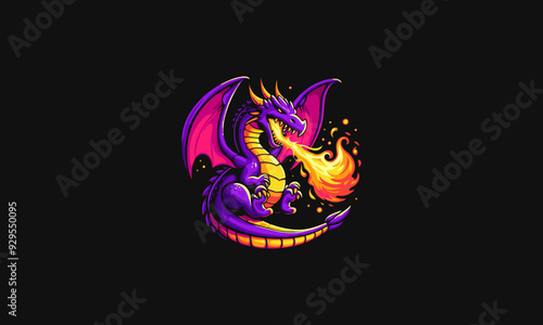 cartoon purple dragon spitting fire vector flat design