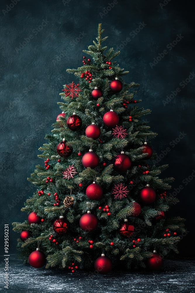 Christmas tree with red ornaments and snowflakes on a dark background with copy space Christmas tree with red ornaments and snowflakes on a dark background with copy space