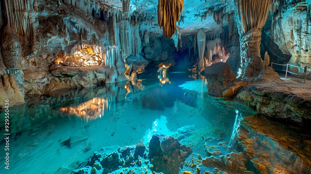 Fototapeta premium A stunning underground cave with crystal-clear water and stalactites.