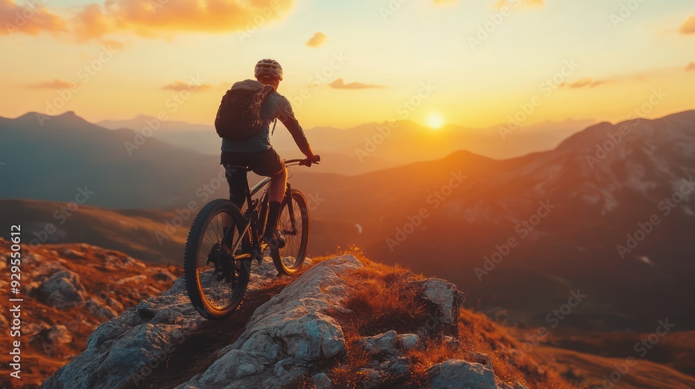 Fototapeta premium Cyclist Riding the Bike Down the Rock at Sunrise in Extreme Sport Concept