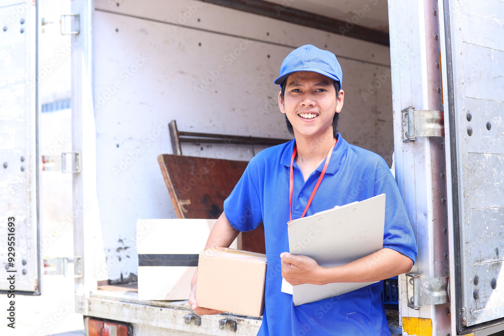 Asian deliveryman holding box and clipboard behind the expedition truck. Delivery and shipping concept. Asian deliveryman holding box and clipboard behind the expedition truck. Delivery and shipping concept.