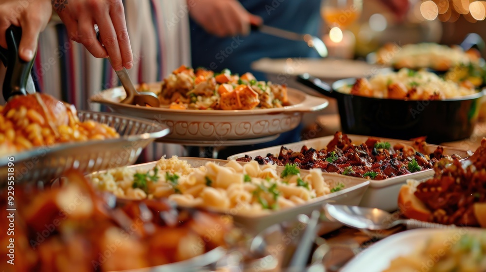 Fototapeta premium Potluck Dinner: Organize a potluck dinner with friends, where each guest contributes a dish. Delight in a variety of flavors and the joy of sharing good food together. 