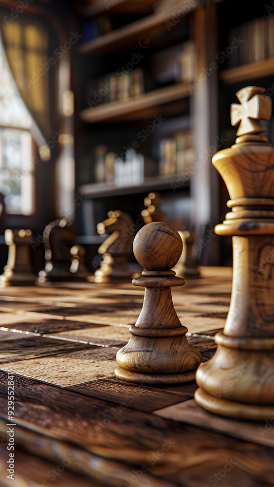 Fototapeta premium Chess Pieces on Wooden Board in Dimly Lit Room