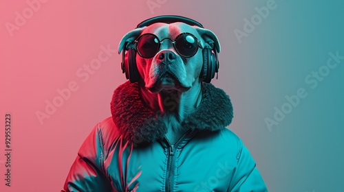A stylish dog wearing headphones and sunglasses, exuding a cool vibe.