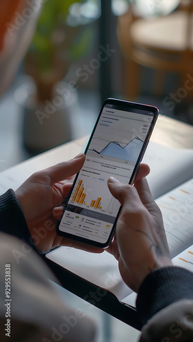 Person analyzing financial data on smartphone with growth chart