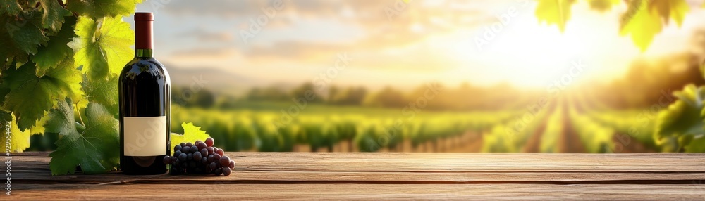Obraz premium Organic Wine Bottle on Vineyard Background - 3D Illustration with Copy Space for Text