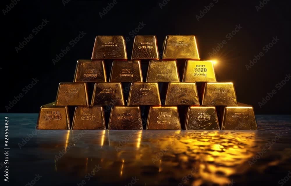 Stack of gold bars on black background. Financial economy banking concept. Shiny golden precious metal Stack of gold bars on black background. Financial economy banking concept. Shiny golden precious metal