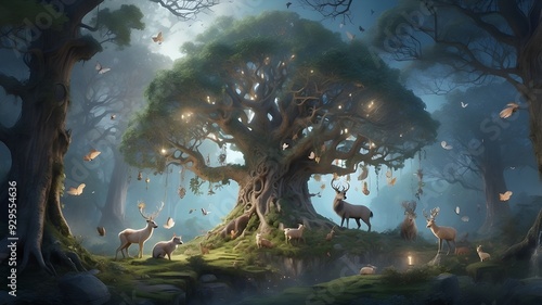 A mystical forest, filled with ancient trees and magical creatures, brought to life in a whimsical and ethereal rendering. photo