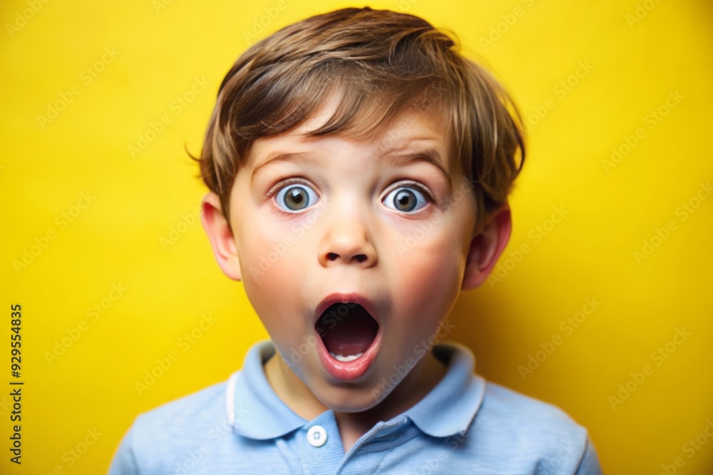 Young boy's astonished face fills the frame, eyes wide with shock, mouth agape, against a bright yellow background, expressing utter surprise and disbelief. Young boy's astonished face fills the frame, eyes wide with shock, mouth agape, against a bright yellow background, expressing utter surprise and disbelief.