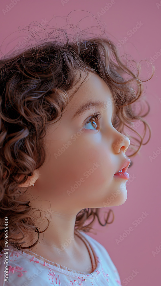 Child in Wonder with Curly Hair, Soft Pink Background Child in Wonder with Curly Hair, Soft Pink Background