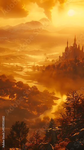 Majestic Sunset Over Mountain Castle