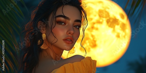 Beautiful woman in yellow dress under a full moon photo