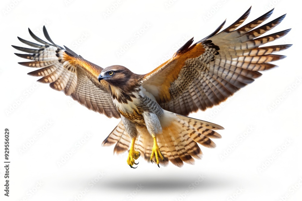 Fototapeta premium red tailed hawk in flight. Red tailed hawk isolated on white background with shadow. Hawk isolated. Hawk with his wings spread on white background.