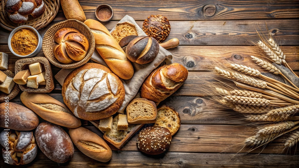 Assorted bread varieties displayed on a rustic wooden background from a top view Assorted bread varieties displayed on a rustic wooden background from a top view
