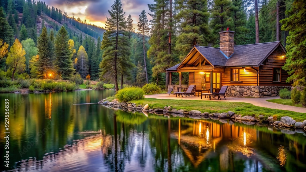 Serene waterside cabin nestled among trees on Lake Avery's shore in Missoula, Montana, featuring outdoor seating area, crackling fireplace, and nearby stream flowing into lake banks. Serene waterside cabin nestled among trees on Lake Avery's shore in Missoula, Montana, featuring outdoor seating area, crackling fireplace, and nearby stream flowing into lake banks.