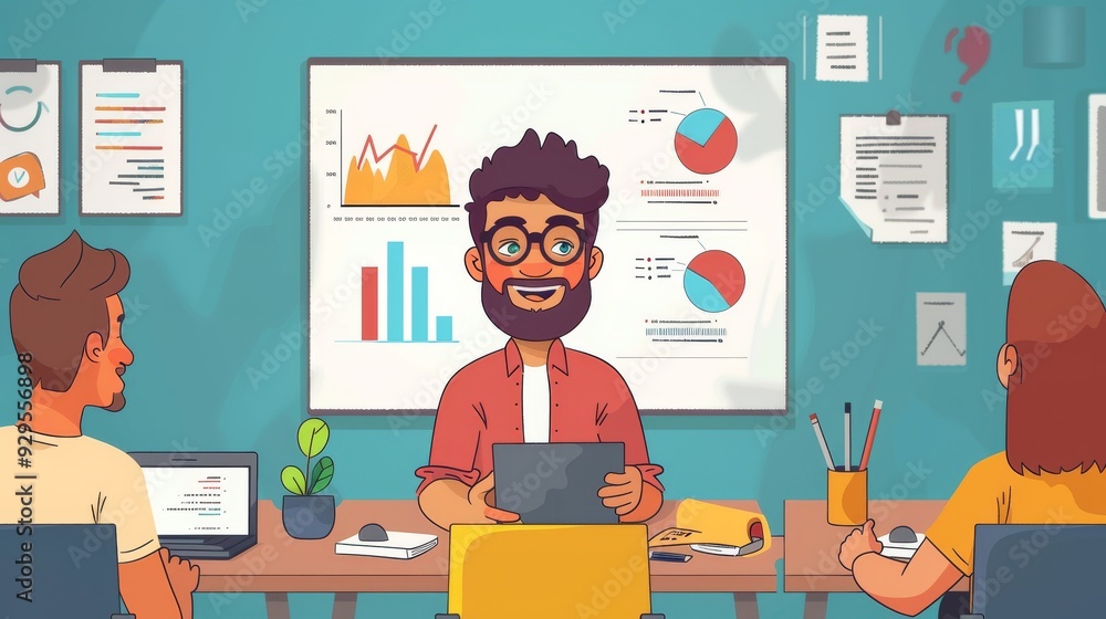 Animated vector illustration of a startup founder presenting a business plan to investors, with a whiteboard and graphs Animated vector illustration of a startup founder presenting a business plan to investors, with a whiteboard and graphs