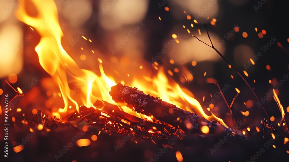 A vibrant campfire with glowing embers and mesmerizing flames dancing in the evening air, perfect for conveying warmth and comfort. A vibrant campfire with glowing embers and mesmerizing flames dancing in the evening air, perfect for conveying warmth and comfort.