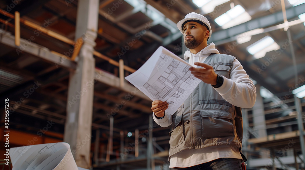 Confident architect reviewing blueprints inside a modern industrial building Confident architect reviewing blueprints inside a modern industrial building
