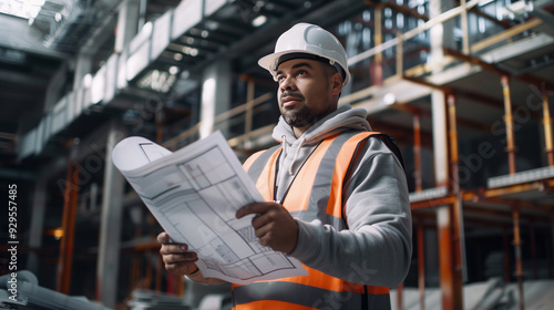 Confident architect reviewing blueprints inside a modern industrial building