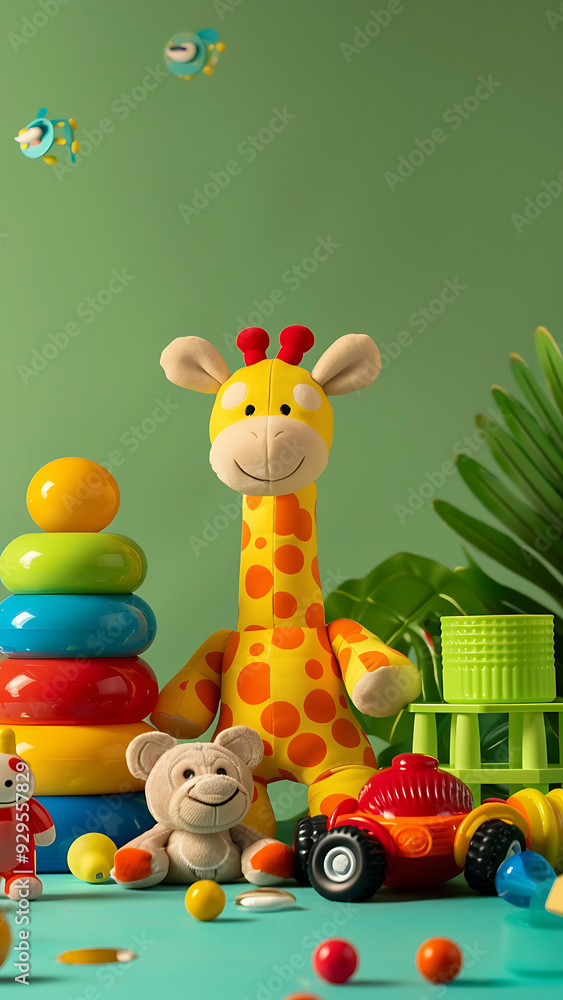 Obraz premium Children's Toys and Giraffe Figurine on Green Background