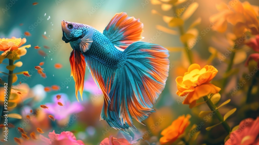 Majestic Betta fish with flowing fins and bright colors in a serene underwater scene surrounded by aquatic plants Majestic Betta fish with flowing fins and bright colors in a serene underwater scene surrounded by aquatic plants