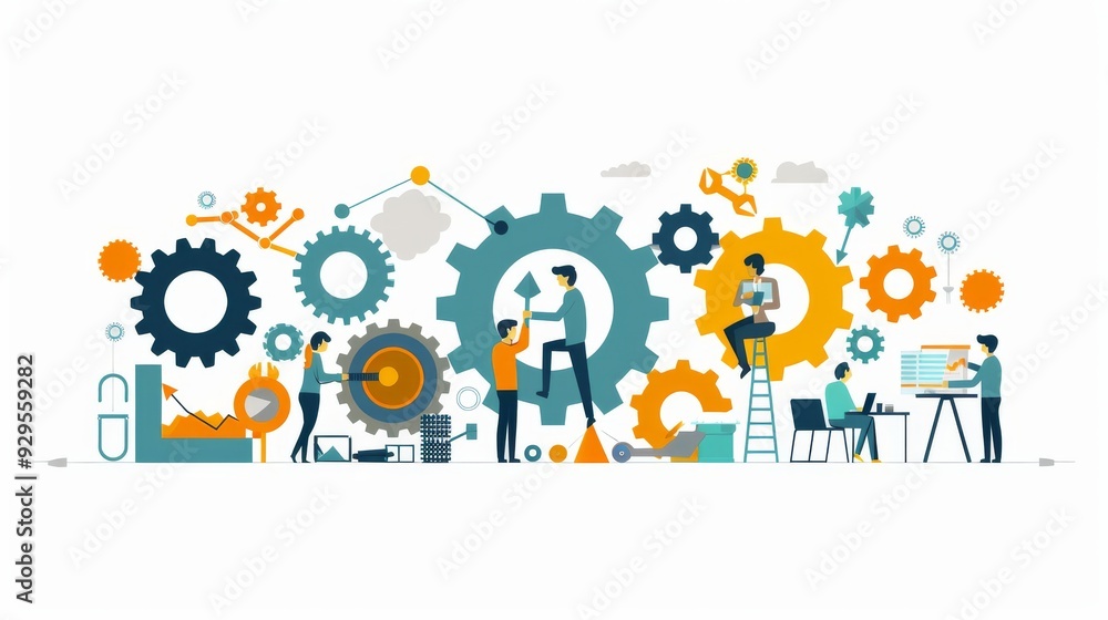 Engaging vector graphic of a startup team building a product, with tools, gears, and progress charts around them Engaging vector graphic of a startup team building a product, with tools, gears, and progress charts around them