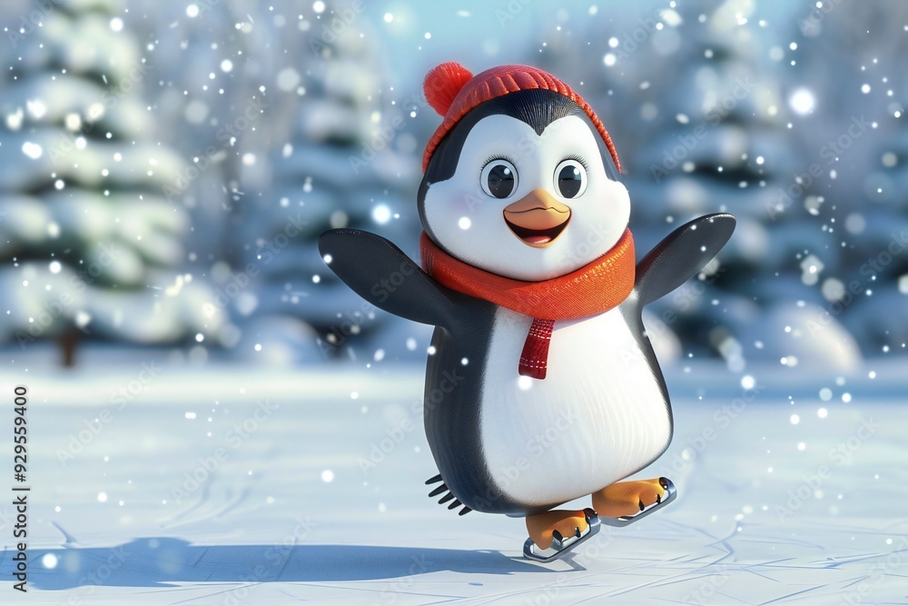 Cute penguin ice skating in winter time , 3D render , created ai Cute penguin ice skating in winter time , 3D render , created ai