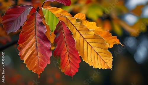 Autumn leaves are alternating with red and yellow, and a vivid scene under the sun. photo