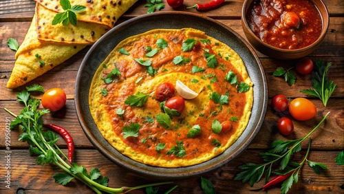 Vibrant yellow background showcases a flavorful Indian-inspired omelet, generously filled with aromatic egg masala, smothered in a rich, spicy red sauce, and garnished with fresh herbs.