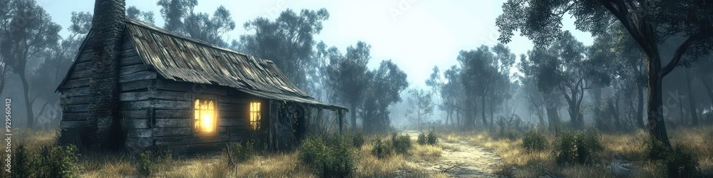 Serene Woodland Cabin in Misty Morning Light with Warm Interior Glow, Soft Forest Pathway, and Tranquil Nature Atmosphere Serene Woodland Cabin in Misty Morning Light with Warm Interior Glow, Soft Forest Pathway, and Tranquil Nature Atmosphere