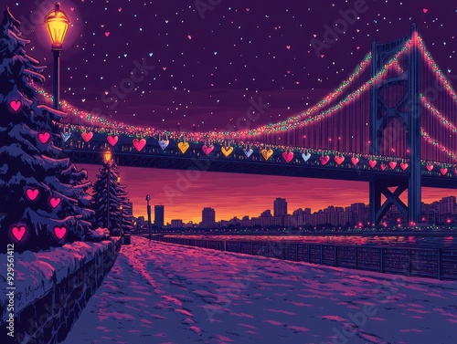 Stunning Winter Night View of a Snowy Bridge Adorned with Heart Lights by a Christmas Tree Under a Starry Sky