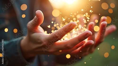 Praying hands with faith in religion and belief in God on blessing background. Power of hope or love and devotion. photo