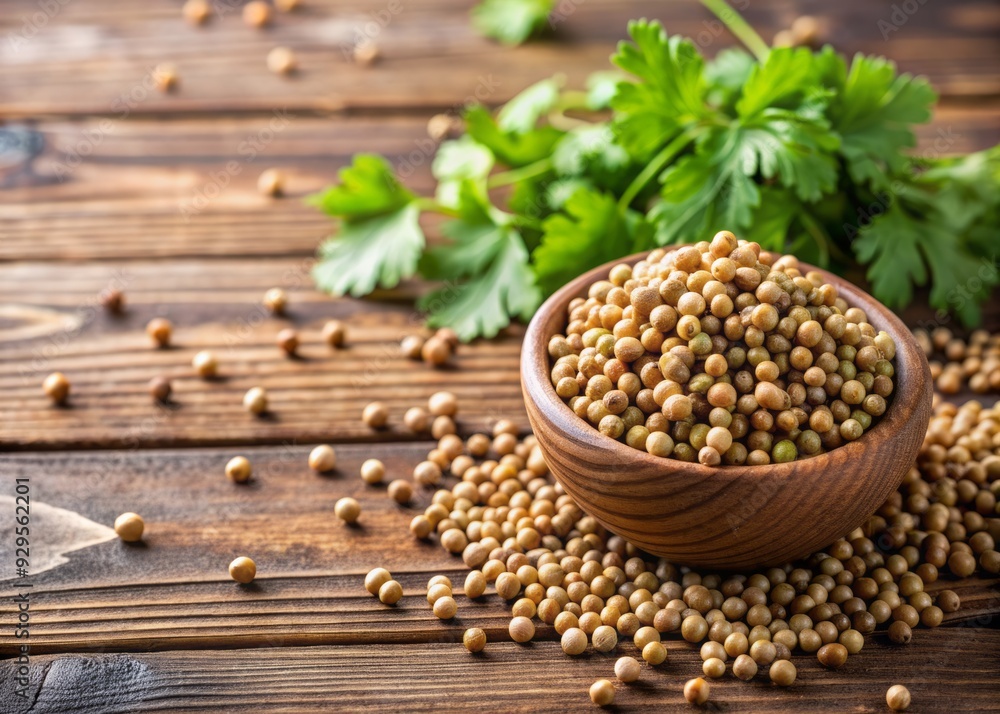 Freshly harvested coriander seeds artfully arranged on a clean wooden table, with ample negative space for text or imagery, evoking a sense of simplicity and elegance. Freshly harvested coriander seeds artfully arranged on a clean wooden table, with ample negative space for text or imagery, evoking a sense of simplicity and elegance.