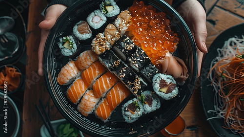 Top view of sushi rolls on plant photo