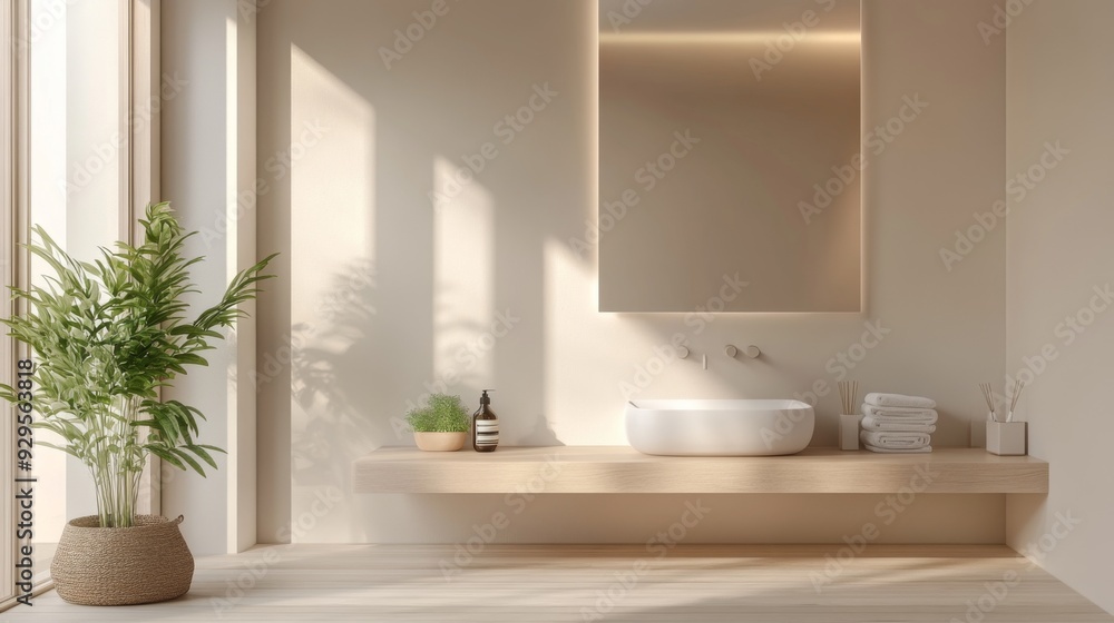 A detailed view of a minimalistic bathroom with a floating vanity, large frameless mirror, and simple fixtures, featuring a serene, uncluttered design. A detailed view of a minimalistic bathroom with a floating vanity, large frameless mirror, and simple fixtures, featuring a serene, uncluttered design.