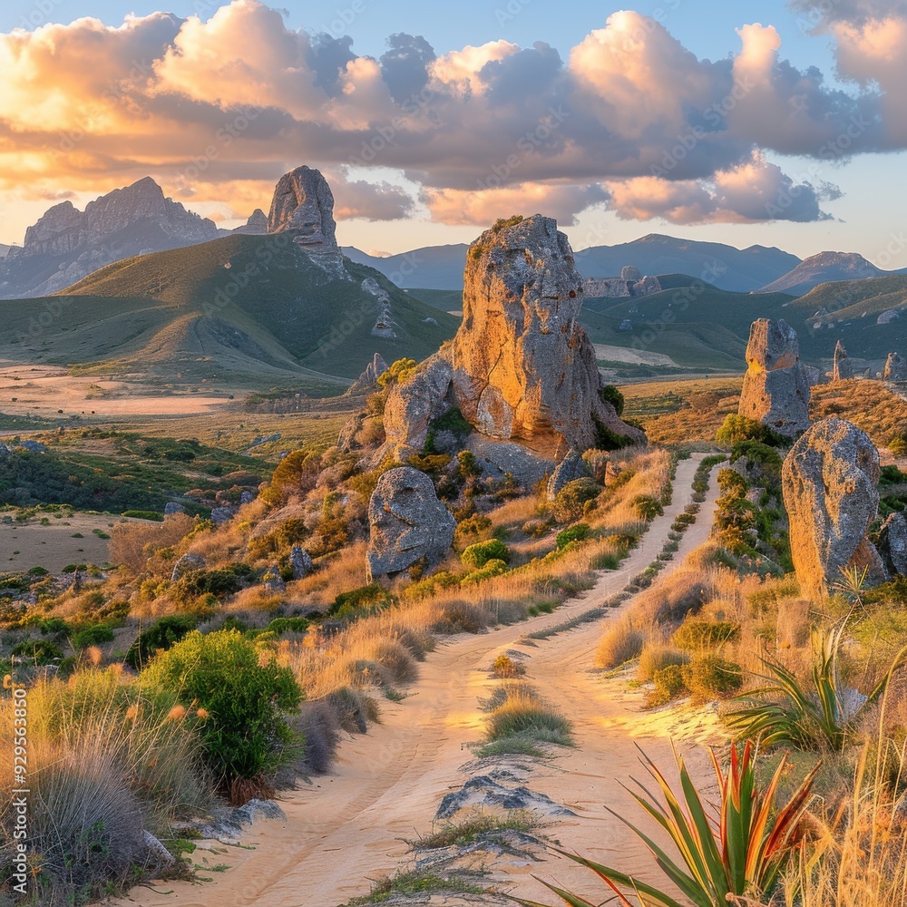 Fototapeta premium Scenic dirt road winding through rocky formations and lush hills under a dramatic cloudy sky at sunset