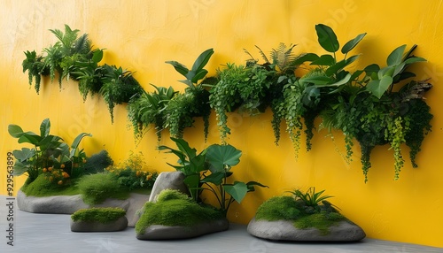 The blending scene of plants showing the growing process and the yellow wall background. photo