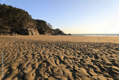 Saha-gu, Busan, South Korea - March 2, 2022: Afternoon view of sandy beach agasint sea horizon at Dadaepo photo