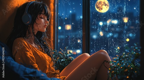 A serene anime girl with dark hair and headphones sits by a rainy window at night. Warm indoor light contrasts with cool city lights outside. Her eyes are closed, creating a calm, reflective mood