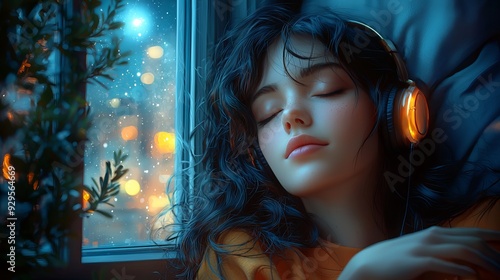 A serene anime girl with dark hair is resting by a window at night, wearing glowing headphones. The room is dimly lit, with the city lights softly blurred in the background. She looks peaceful