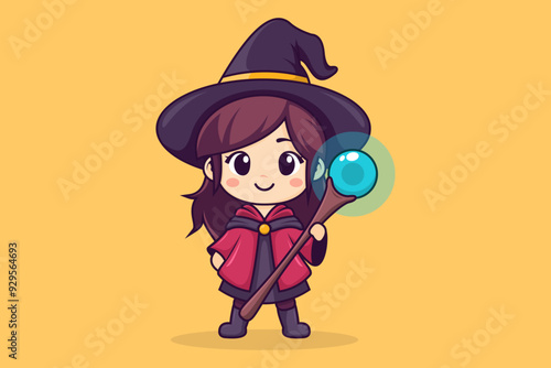 Illustration of a Cute Magician Girl Holding a Magic Wand. Flat Cartoon Style Suitable for Web Landing Page, Banner, Sticker, Background