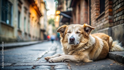 A serene street dog reclines on a worn sidewalk, its fur mussed, eyes closed, and chest rising gently with each slow, peaceful breath. photo