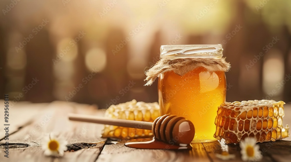 A Jar of Honey with Honeycomb and a Dipping Stick on a Wooden Table A Jar of Honey with Honeycomb and a Dipping Stick on a Wooden Table